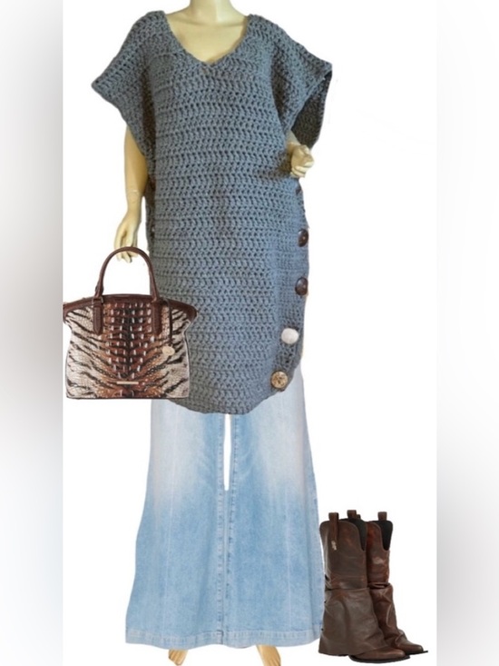 Hand Crafted Jackets & Blazers - HANDMADE HEAVY KNIT GRAY KNEE LENGTH VEST/DRESS WITH LARGE BUTTONS (2X)